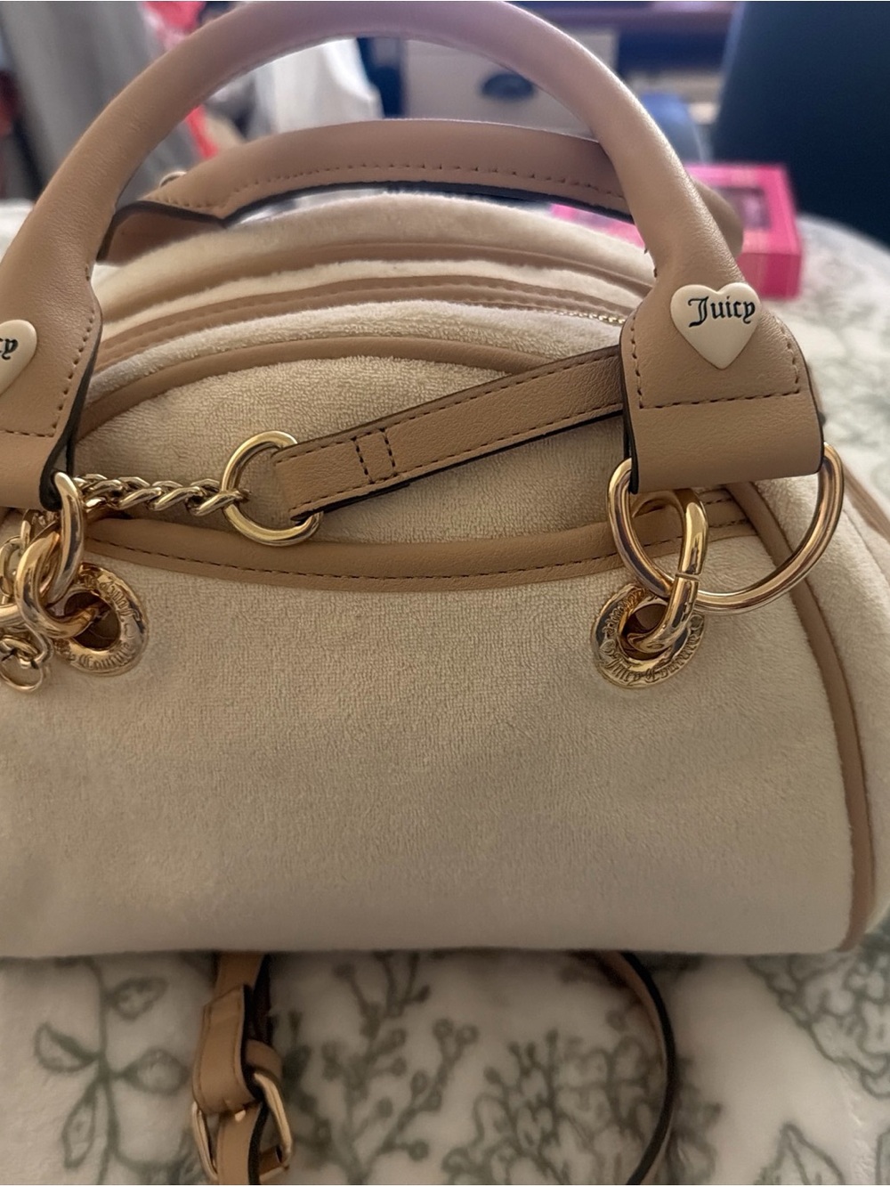 Juicy Couture Beige and Pink Embroidered Satchel with Charm - Picture 3 of 4